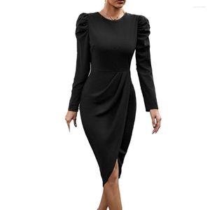 Casual Dresses Party Prom Dress Women Asymmetric Hem Long Sleeve Pleated Slim Fit High Tight Waist Solid Color Lady Vestidos Para Mujer