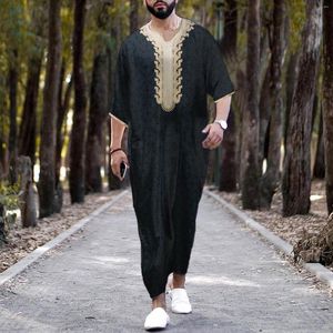 Ethnic Clothing Islam Kaftan Muslim Men's Robe Moroccan Caftan Hand Printed Loose Breathable Djellaba Abaya Thobe For Men 2023 Summer
