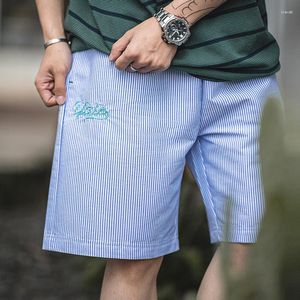 Mäns shorts arbetar klädsel japansk casual randig broderad med rak rör Löst passande mitten av midjbyxor sommaren