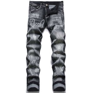Style Estruerad tryck smal passande elastisk lapptäcke patch mäns små raka ben jeans