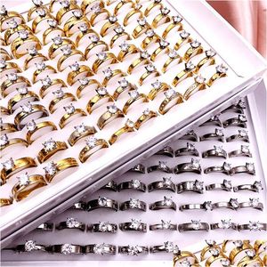 Pierścienie zespołowe moda 30pc/działka stal nierdzewna krystaliczna cyrkon Pierścień Tytanium Titanium Band Gold Sier Mixed Style Men and Women Wedding Jewelry Par Dhpj7