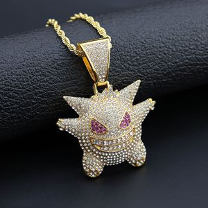 Colar de combinação de elfo monstro de hip hop para homens e mulheres 18K ouro real banhado a prata zircônia colar de cristal desenho animado fantasma colar de animal de estimação presente de joia de Halloween