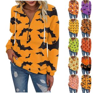 Women's T Shirts Halloween Printed Fashion Sweatshirts Casual Long Sleeve Hiphop Half Zipper Sweatshirt Drawstring Loose Pullover Top