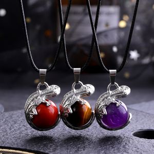 Natural Stone Lizard Pendant Necklaces Amethysts Rose Quartz Tiger's Eye Lapis Necklace for Women Jewelry