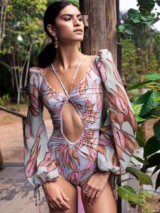 Mulheres Swimwear Choichic Sexy Reunindo Mulheres Uma Peça Impressa Biquíni Oco Out Manga Longa Maiô 2023 Sling Flor para