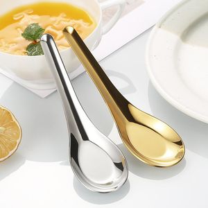 Spoons 304 Stainless Steel Flat Bottom Rice Soup Spoon Silver Golden Mirror Polished Tableware Household Kitchen Accessories