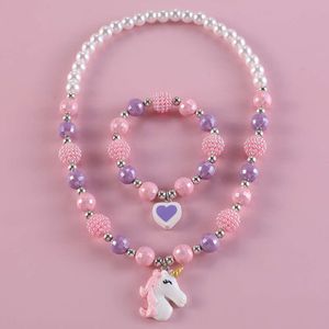 Collana dolce per bambini, set di braccialetti, ciondolo carino, collana per ragazze con perline rosa viola, gioielli fai da te