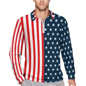 Polos Masculinos Americanos EUA Bandeira Imprimir Camisas Polo Soltas Homens Estrelas e Listras Manga Longa Camisetas Casuais Moda Primavera Design Camisa Tamanho Grande