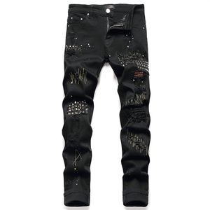 Black Rivets Men's Jeans Stretch Ripped Paint Denim Pants Fashion Slim Embroidery Trousers Punk Style Male Clothing Pantalone226L