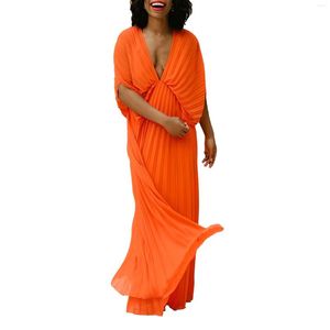 Casual Dresses Loose Women Long Dress Female Pleated Robe Girl's Party Vestidos Deep V Neck Elegant Lady's Maxi