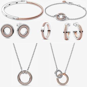 2023 Neues Charm-Designer-Armband, Roségold-Ring mit Diamant-Ohrringen für Frauen, DIY, passend für Pandoras Signature, zweifarbige Halskette mit ineinander verschlungenen Kreisen, modisches Geschenk