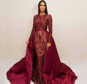 Magnifica vendita calda da sera in pizzo bordeaux con strascico staccabile gioiello plus size paillettes abiti da ballo maniche lunghe abito formale HKD230912