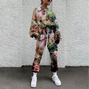 Women's Hoodies Tie-Dye Color Oil Målning Blommor 3D Sweatshirt Set o-hals Tvådel Pullover Trousers Set 2023 Tracksuit