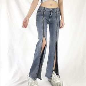 Женские джинсы, модные расклешенные брюки с разрезом на молнии, джинсовая ткань с высокой талией и голубым расклешенным принтом, лето 2023, осень-зима 2023