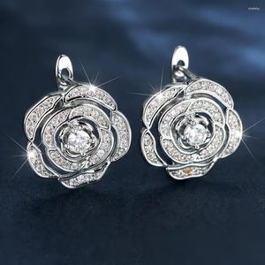 Orecchini a cerchio con ciondolo a clip in argento con fiore rosa per le donne, piccolo zircone bianco, camelia, gioielli da sposa romantici