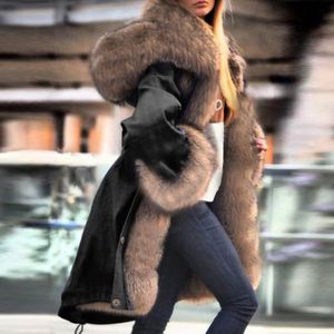 Kvinnor Parkas Cardigan Ytterkläder Imitation Fox Päls krage huva förtjockar rockar Vinter varm inuti päls fleece Löst långa jackor