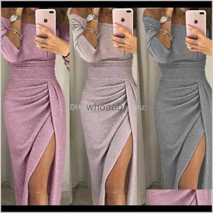 MagnificentWrap Dress Casual Clothing Apparel Elegant Evening Formal Womens Hip-Covered Slit One-Line Collar Sparkling Dress Dinner Designer WWO HKD230912