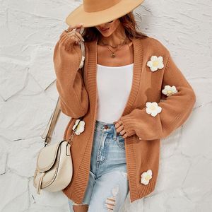 Women's Knits Tees Flower Decor Knitted Cardigans Women Autumn V Neck Lantern Long Sleeves Coats Woman Loose Solid Color Sweaters Jacket 230911