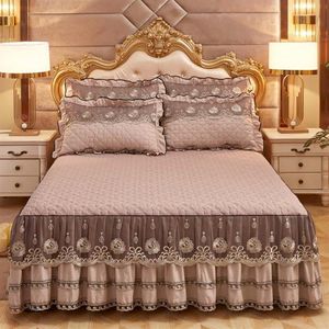 Europeiska lyxiga sängöverdrag och 2st kudde tjock bomullssäng kjol med spetskant tvilling drottning kung storlek sängkläder set icke-halk 201205b