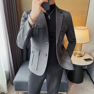 Erkek Suit Blazers Kış Yünlü Takım Kıyafet Erkekler İçin Ceket Çok Cepler Slim Fit Sıradan İş Blazers Maskulino Düğün Giyim Sosyal Katlar 230912