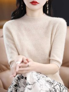 Aliselect Fashion 100% Merino Wool Top Women Knitted Sweater Half high collar Half Sleeve SpringSummer Clothing Jumper Knitwear