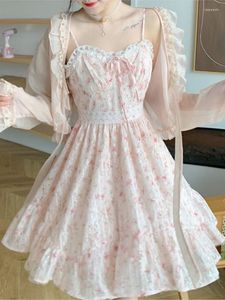 Vestidos de trabalho sexy cinta kawaii vestido de princesa feminino verão 2023 japonês cintura alta doce sem mangas renda floral casual roupas coreanas