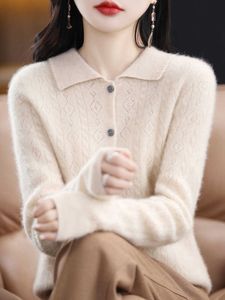 Aliselect Fashion 100% Merino Wool Women Knitted Sweater Polo Collar Full Sleeve Autumn Winter Clothing Soft Cardigan Knitwear