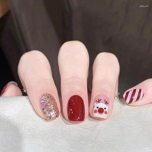 Unghie finte Corte Cervi di Natale Glitter Prodotti per nail art Adesivo riutilizzabile Forniture finte Colla Pressa Cose Suggerimenti per la copertura completa