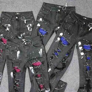 AMR Jeans Style Jeans med Inlay Blue Diamond Red Diamond Holes Slim Fit Small Foot High Street Pants mångsidiga
