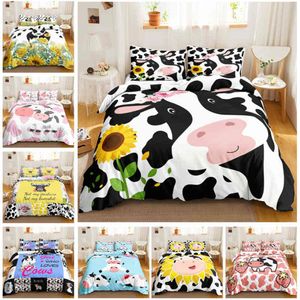 Cute Cow Print Cureet Cover Queen Size Kawaii Highland Bedding Zestaw Król Cartoon Cartoon Farm Animals2477