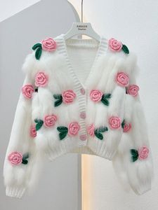 Women's Fur Splicing Real Short Cardigan Coat Female 2023 Autumn Long Sleeve Top Clothes Knitted Flowers Wool Outerwear Slim