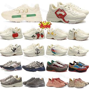 Designer Casual Shoes Mens Womens Rhython Sneakers Vintage Logo Ivory Mouth Starwberry Beige Ebony Tiger Rainbow Glitter White stamp duty Soft Leather Head Deluxe