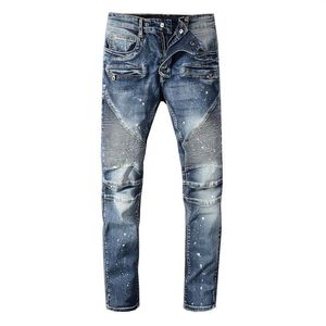 Nya Frankrike-stil Men Moto Pants Ribbed oljad tvättad blå mager denim cyklist jeans sträcker smala byxor storlek 29-42 #1077 #251n