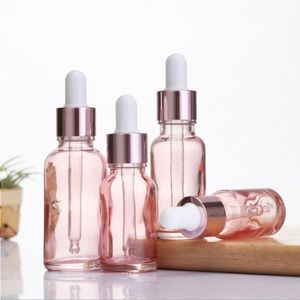 Cherry Pink Glass Essential Oil Parfume Bottle Liquid Reagent Pipette Droper flaskor med Rose Gold Cap 10-50 ml SCVVR