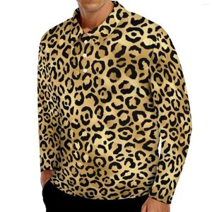 Herren Polos Schwarz Gold Leopard Lässige T-Shirts Männer Gepard Tier Langarm Poloshirts Kragen Stylisches Herbst Grafik Shirt Plus Size