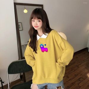Women's Hoodies Collared Sweatshirt Oversize For Women Korean Loose Vintage Pullover Girl Harajuku Cute Alpaca Cartoon Hoodie