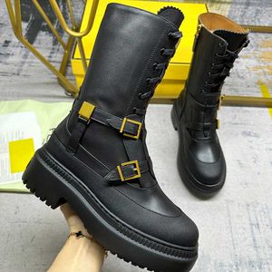 Luxury Designer Boots Harness Belt Buckled cowhide leather Biker Knee Boots chunky heel zip Knight boots Fashion square toe Ankle Booties Western boots 35-42