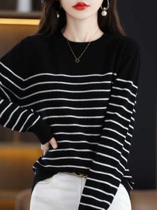 Aliselect Fashion 100% Merino Wool Top Women Knitted Sweater O-Neck Long Sleeve Pullover Spring Autumn Clothing Striped Knitwear