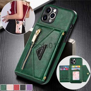 Mobiltelefonfodral Lanyard Zipper Wallet Phone Falls för iPhone 13 12 11 14 15 Pro Max X Xs XR 8 7 6 Plus SE Läderväskekorthållare Cover Coque X0912