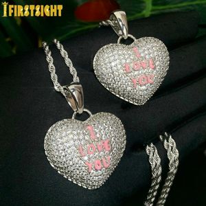 Pendant Necklaces Iced Out Bling CZ Heart Pendant Necklace Silver Color Cubic Zirconia Stone I Love You Charm Women Men HipHop Jewelry 230911