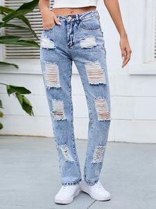 Jeans femininos 2023 europeu e americano denim lavado polido branco cintura média rasgado buraco reto temperamento arruinado