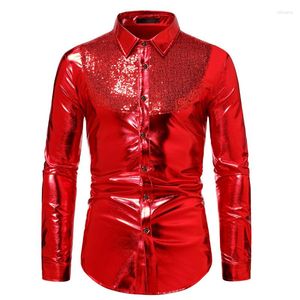 Men's Dress Shirts Autumn Fashion Gold Red Faux Leather Sequined Shirt Wedding Disco Slim Stitching Stage Performance Long-sleeved