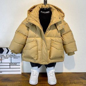 Casaco para baixo 2023 meninos de inverno manter quente jaquetas moda crianças com capuz outerwear roupas de algodão meninos engrossar parkas à prova de vento 4-12 anos r230912