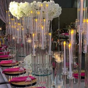 Party Decoration Whole 10 Arms Long Stemmed Modern Clear Acrylic Tube Hurricane Crystal Candle Holders Wedding Table Centerpie2434