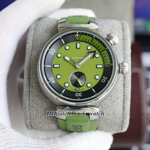 새로운 Sier Case QBB202 Tambour Automatic Mens 시계 올리브 녹색 다이얼 고무 스트랩 44mm 신사 인기있는 손목 시계