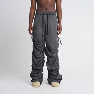 Calças masculinas harajuku cordão plissado queimado sweatpants moda casual baggy jogging para homens cor sólida chão mop hip hop