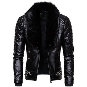 Men's Fur Faux Fur Design Motorcycle Bomber Add Wool Leather Jacket Men Autumn Turn Down Fur Collar Removable Slim Fit Male Warm Pu Coats 230911