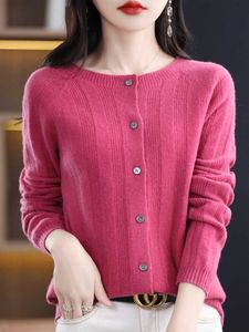 Aliselect Fashion 100% Merino Wool Top Women Sticked tröja o-hals Fullärmad Autumn Winter Clothing Cardigan randig stickad