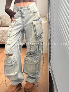 Kvinnors jeans tunga industrin Multi-Pocket Washed Cargo Pants Women Y2K Vintage Streetwear High-Rise Loose Overdized Straight-Ben Jeans 230911