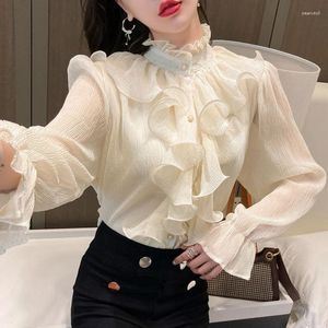 Kvinnor BLOUSES DUOFAN 2023 Spring Basic Shirts Women Fashion Long Sleeve Elegant Office Blusas Lady Autumn Solid White Ruffled Chic Top